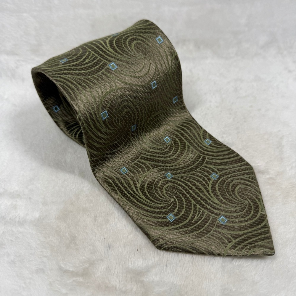 Villa Bolgheri Italy Mens Silk Tie Olive Green Light Blue Swirl Geometric